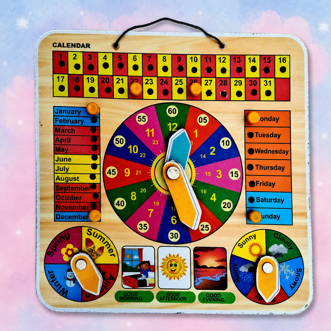 EL SMO Wooden Learning Clock Calendar Board