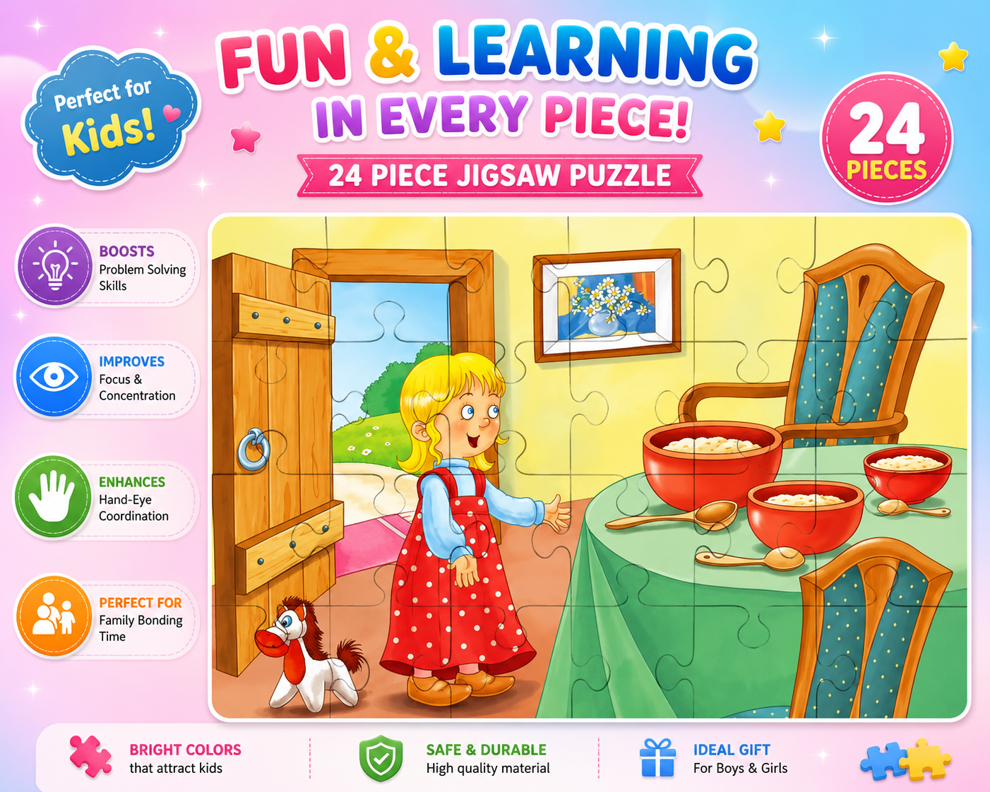 4-in-1 Goldilocks & The Three Bears Jigsaw Puzzle Set – 24 Piece Educational Learning Puzzle for Kids