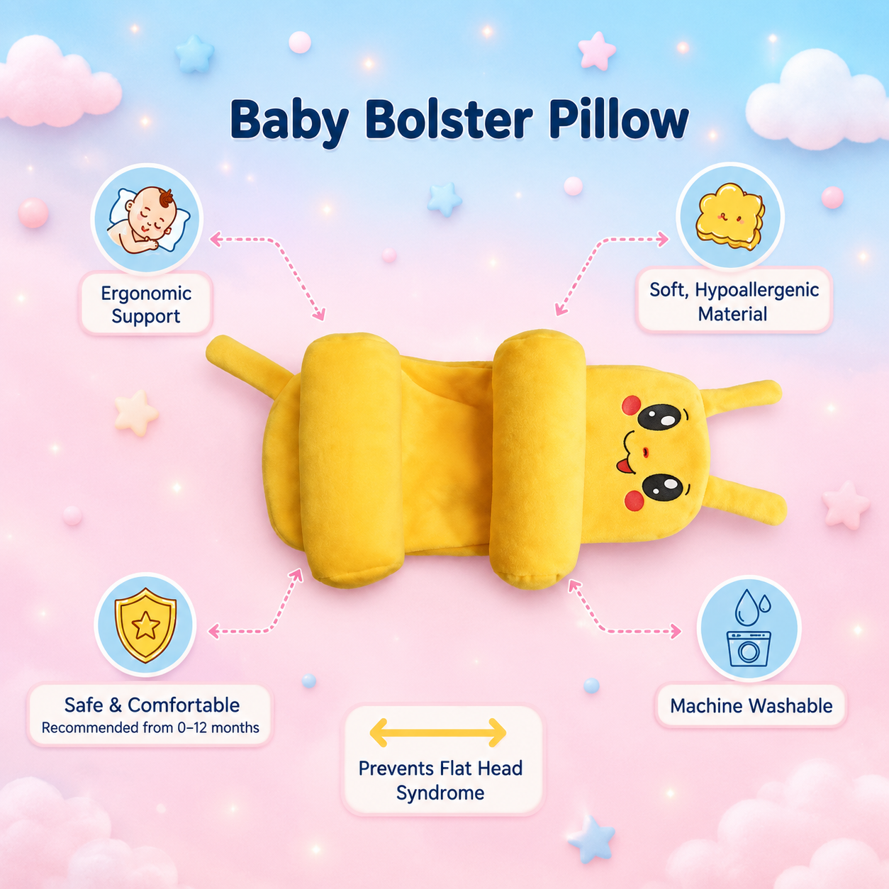 Baby Bolster Pillow for Newborns & Infants | Soft Cotton Support Pillow
