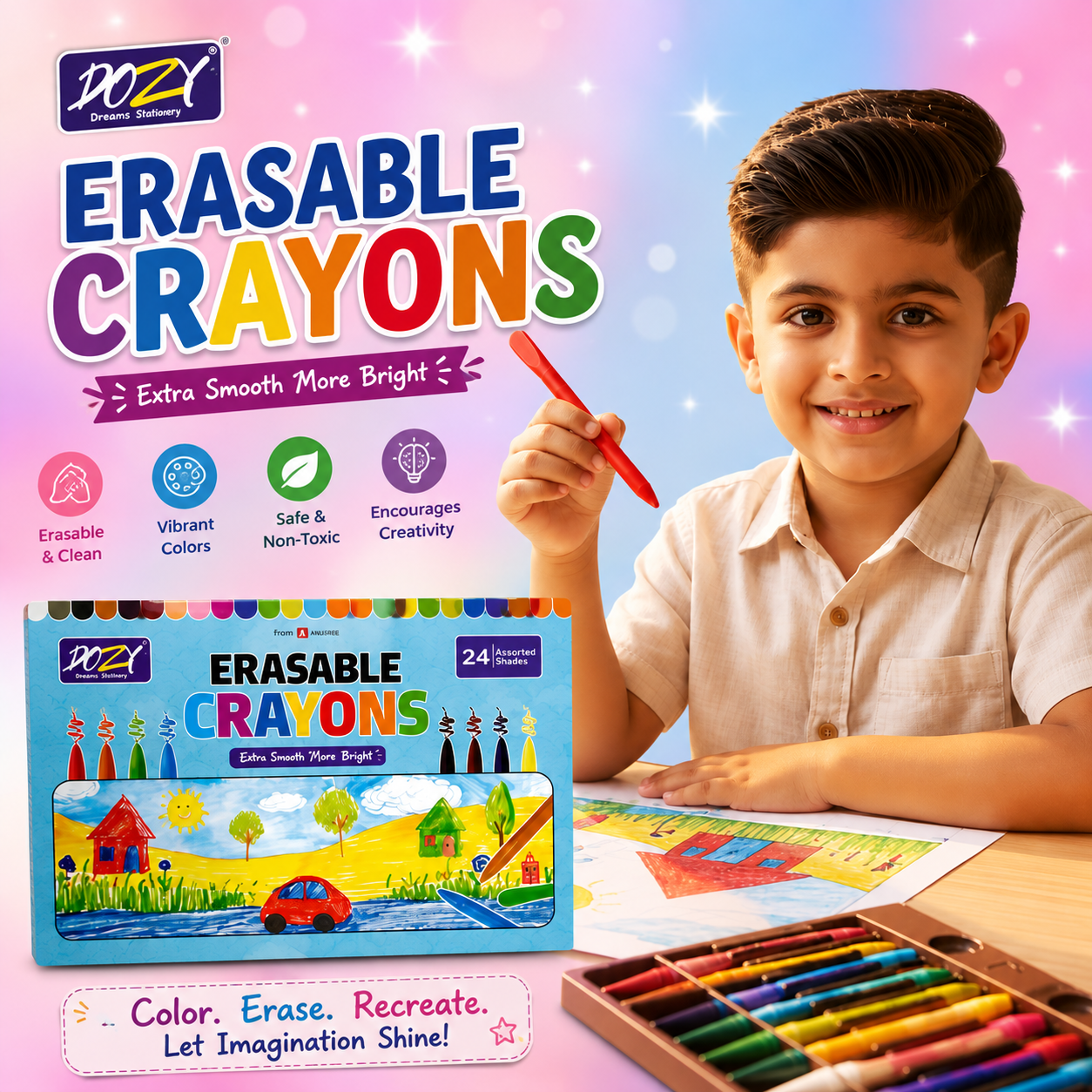 DOZY Erasable Crayons – 24 Assorted Shades