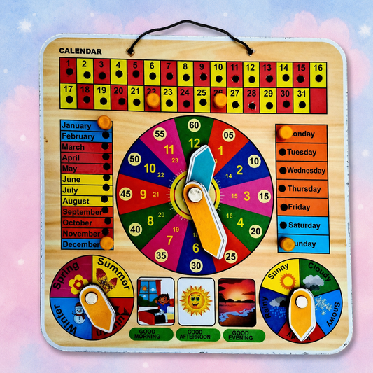 EL SMO Wooden Learning Clock Calendar Board