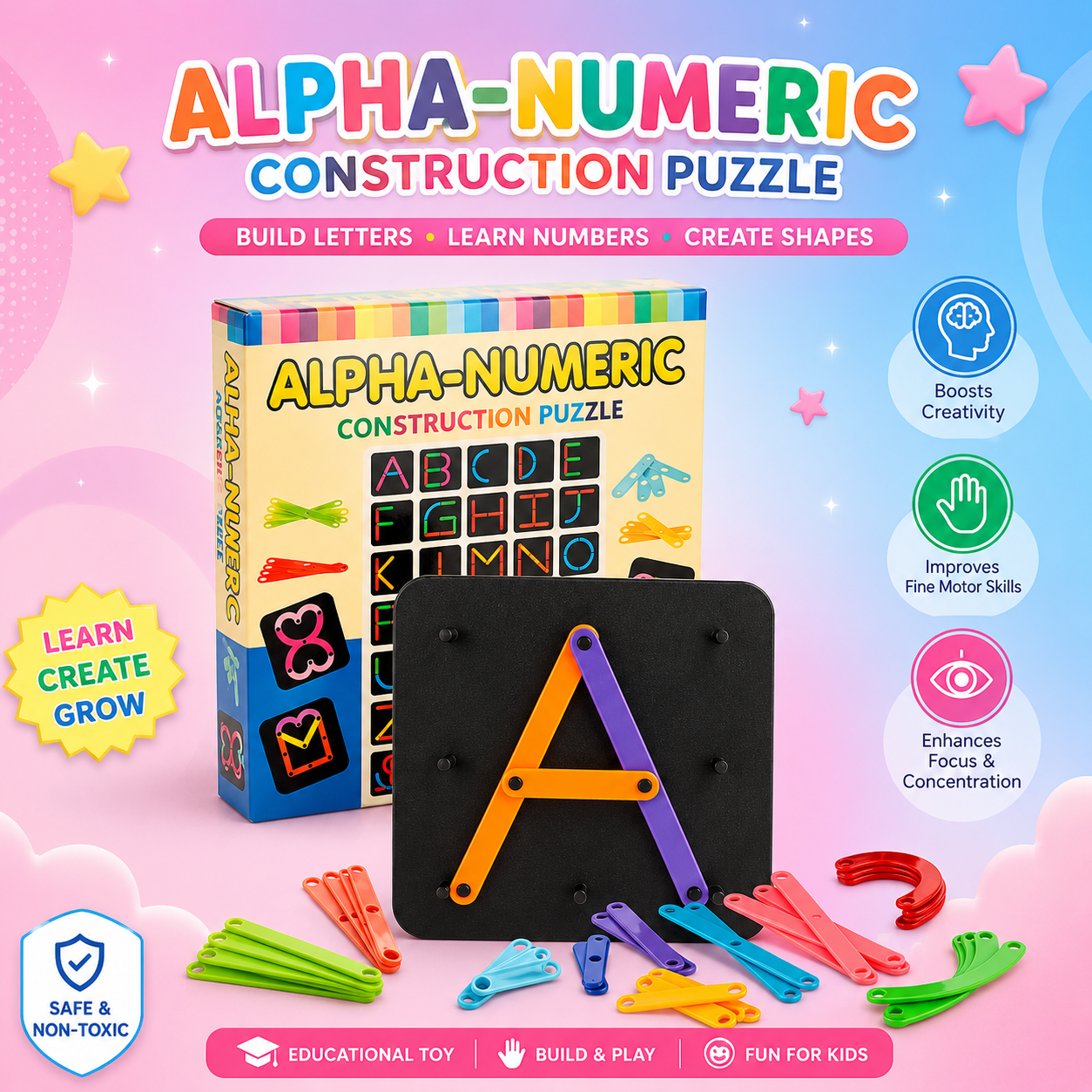 Alpha-Numeric Construction Puzzle Board – Educational Montessori Learning Toy for Kids (29 Pieces)