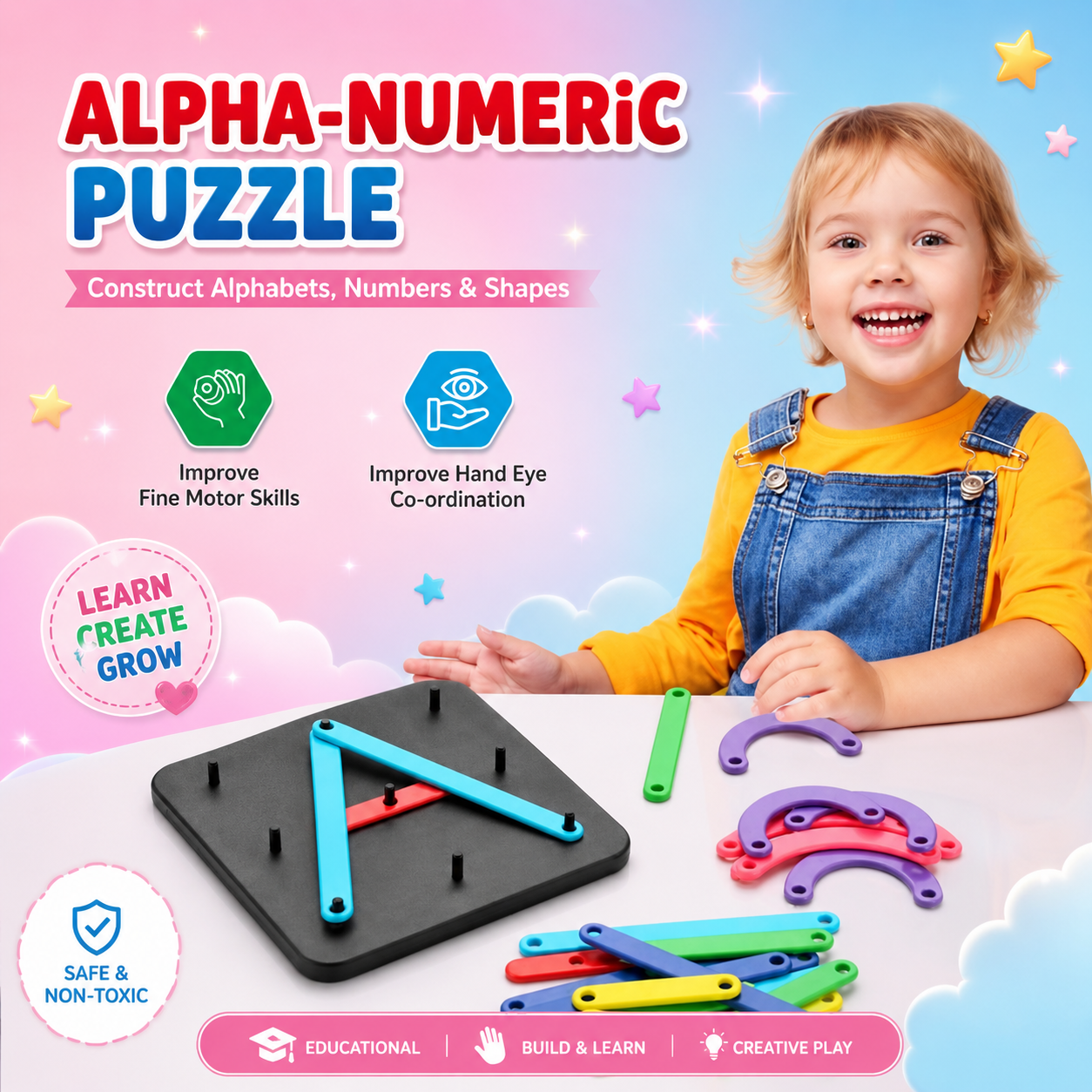 Alpha-Numeric Construction Puzzle Board – Educational Montessori Learning Toy for Kids (29 Pieces)