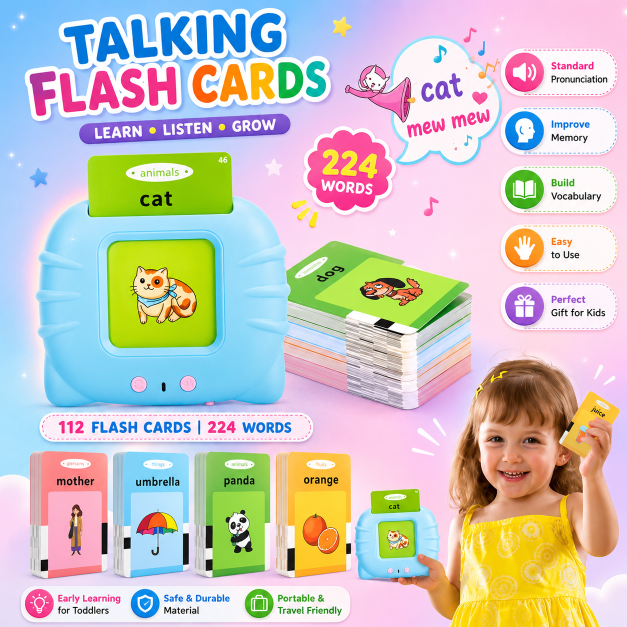 Talking Flash Cards Learning Toy for Kids – 112 Double-Sided Cards, 224 Words Educational Speech Learning Device