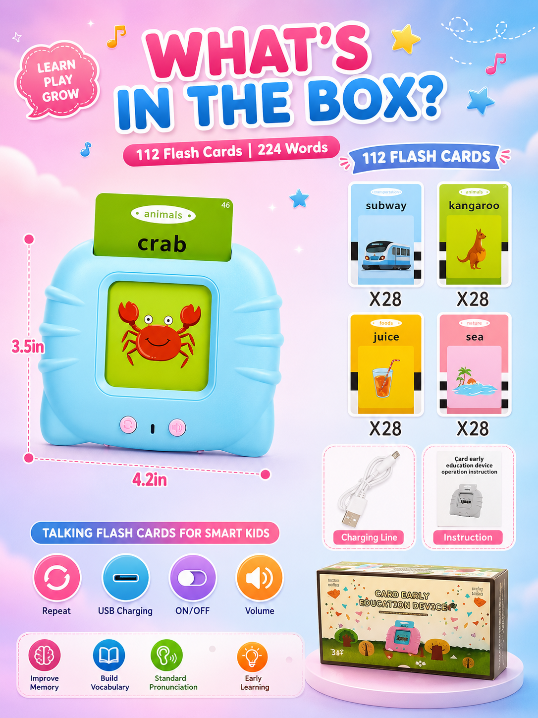 Talking Flash Cards Learning Toy for Kids – 112 Double-Sided Cards, 224 Words Educational Speech Learning Device