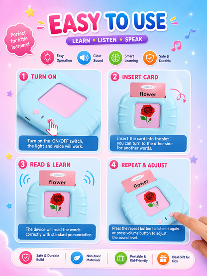 Talking Flash Cards Learning Toy for Kids – 112 Double-Sided Cards, 224 Words Educational Speech Learning Device