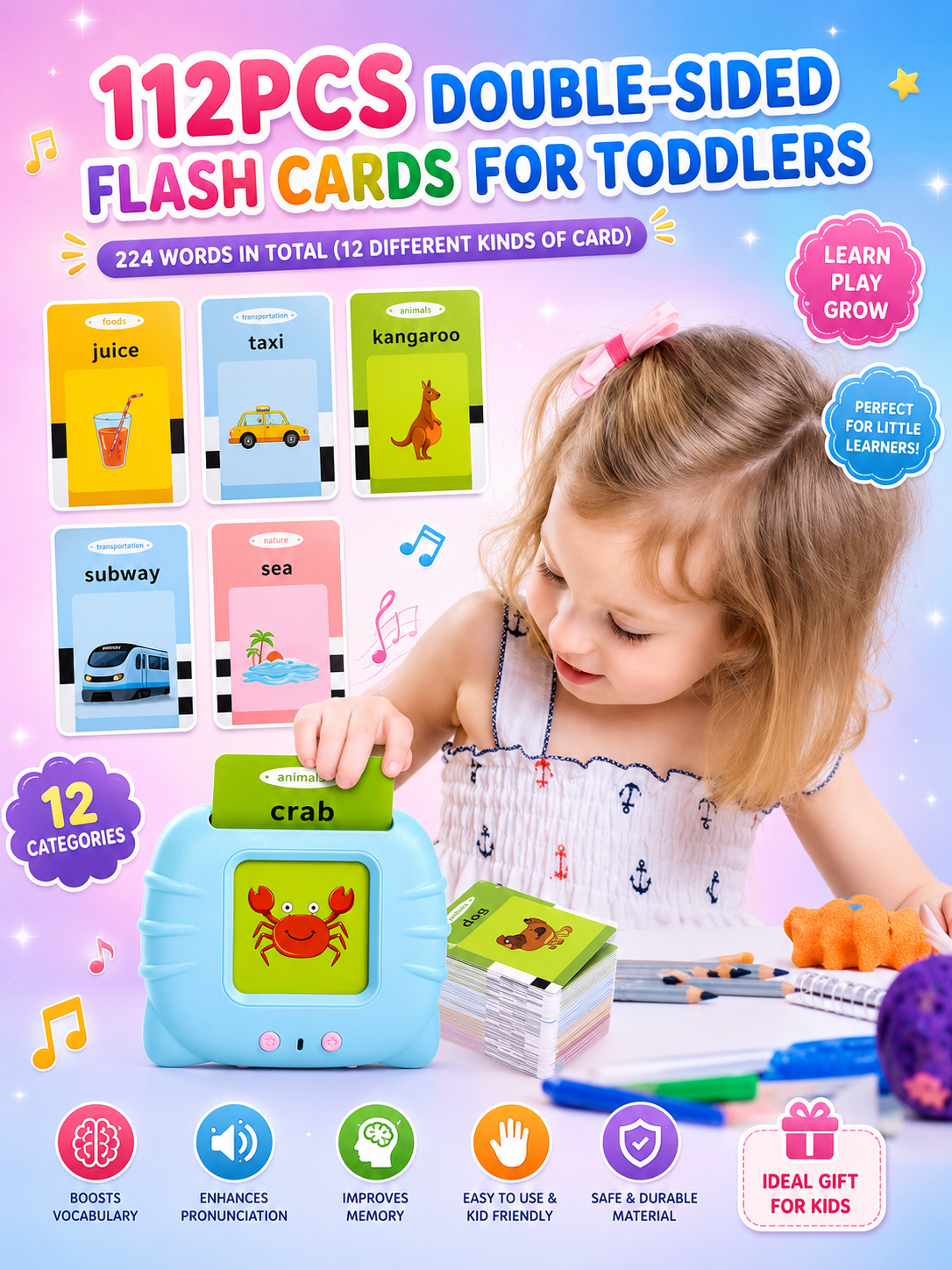 Talking Flash Cards Learning Toy for Kids – 112 Double-Sided Cards, 224 Words Educational Speech Learning Device