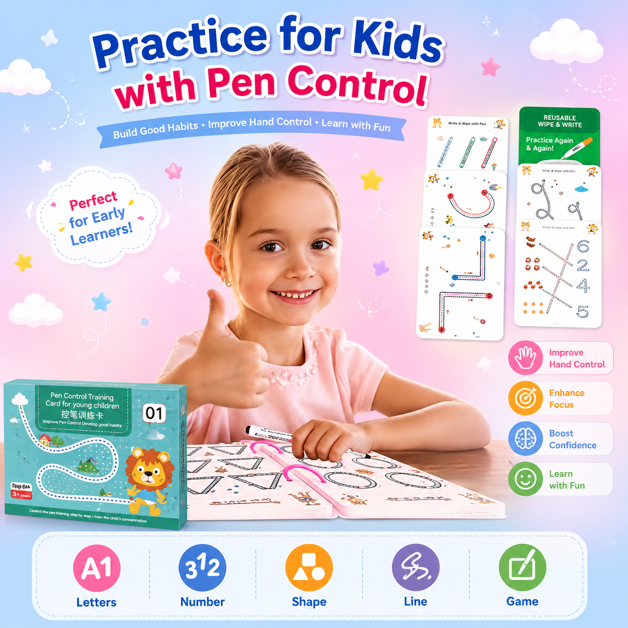 Kids Magical Reusable Writing Practice Book Set | 64 Pages Learning Workbook with 8 Pens, 1 Grip & Magic Eraser