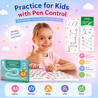 Kids Magical Reusable Writing Practice Book Set | 64 Pages Learning Workbook with 8 Pens, 1 Grip & Magic Eraser