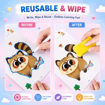 Kids Magical Reusable Writing Practice Book Set | 64 Pages Learning Workbook with 8 Pens, 1 Grip & Magic Eraser