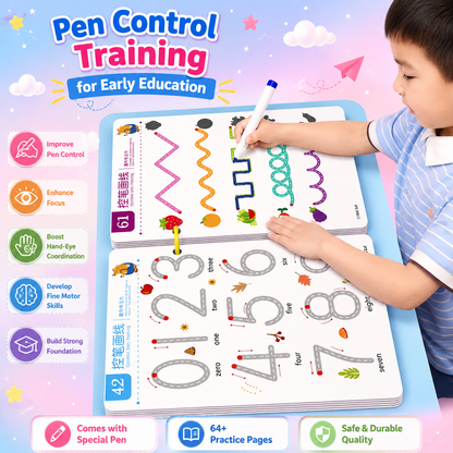 Kids Magical Reusable Writing Practice Book Set | 64 Pages Learning Workbook with 8 Pens, 1 Grip & Magic Eraser