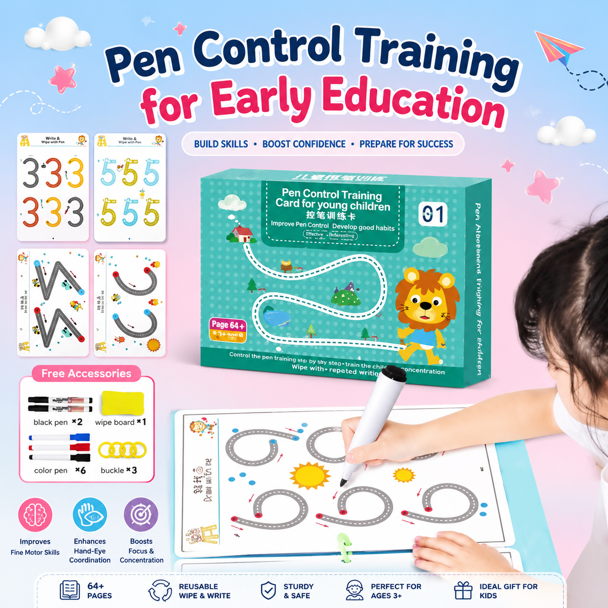 Kids Magical Reusable Writing Practice Book Set | 64 Pages Learning Workbook with 8 Pens, 1 Grip & Magic Eraser