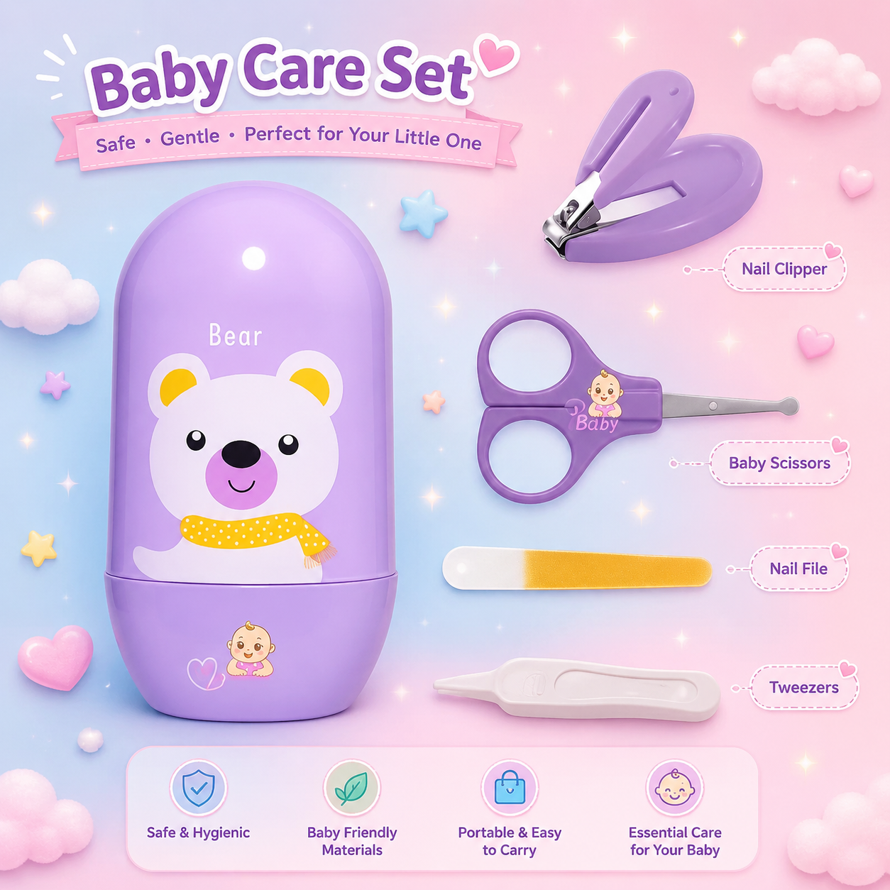 Baby Nail Care Kit for Infants & Toddlers | Nail Cutter, Safety Scissors, Nail File & Tweezers Set