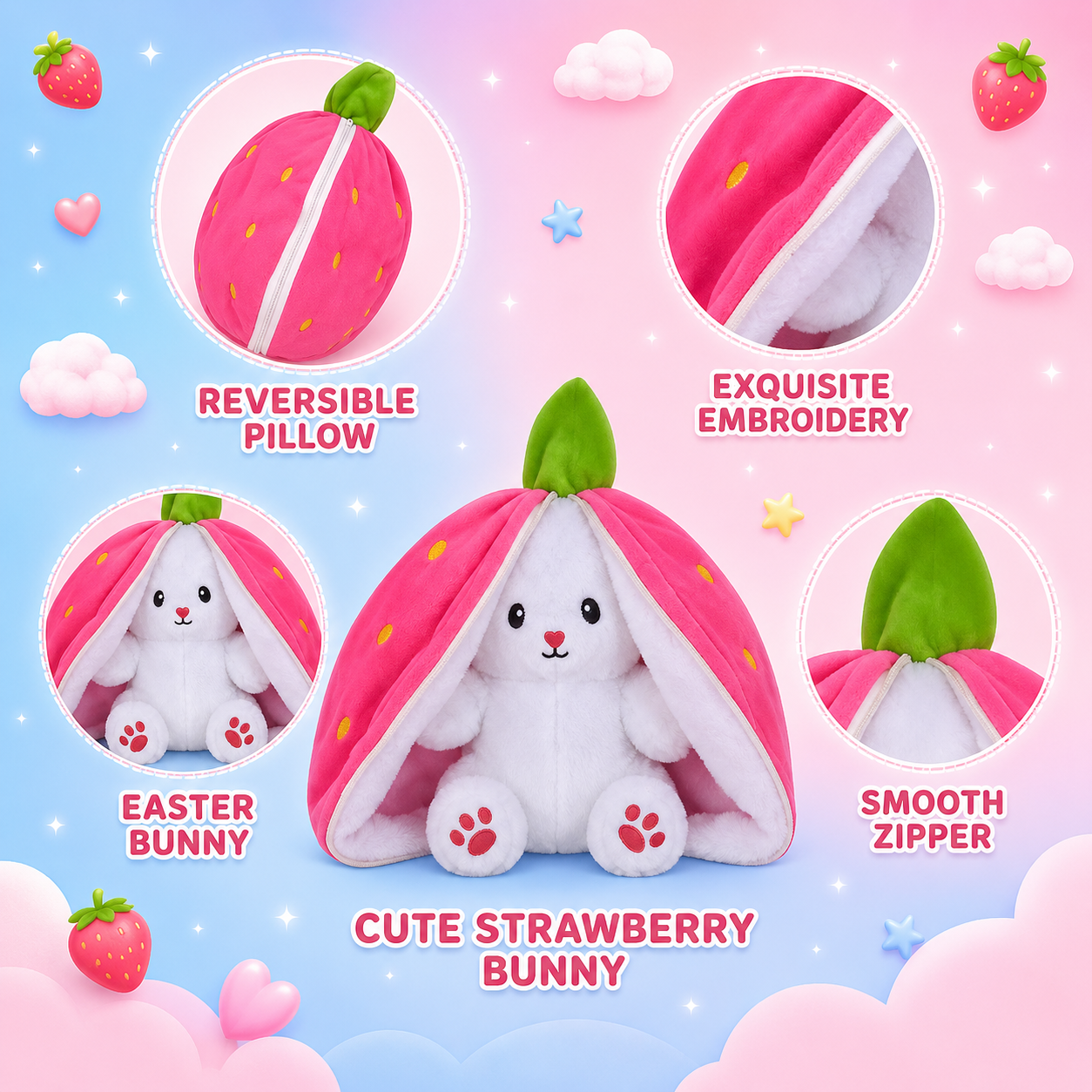 RSS Soft Toys Reversible Rabbit Strawberry Plush Toy with Smile Ball