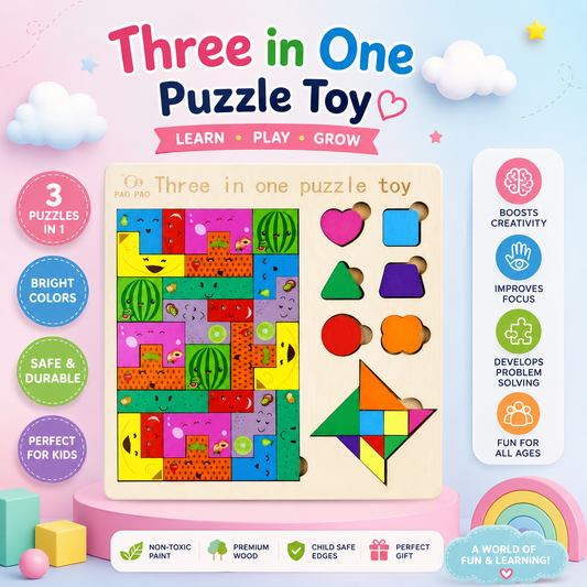 Wudly 3-in-1 Wooden Learning Puzzle Board for Kids