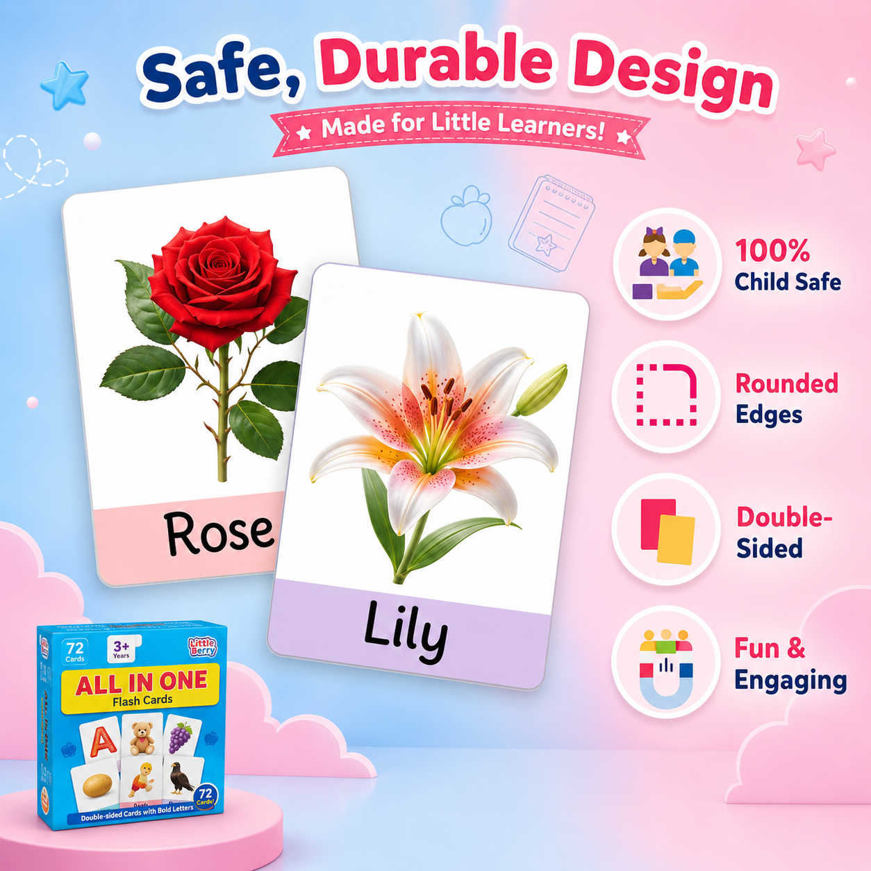 All in One Flash Cards for Kids | 72 Double-Sided Cards | 120+ Pictures | Educational Learning Toy