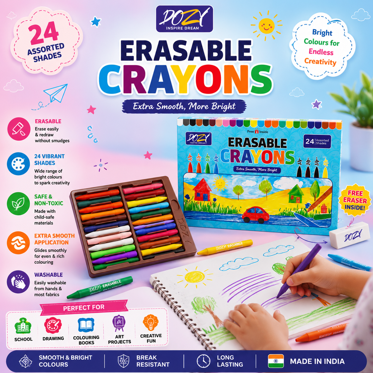 DOZY Erasable Crayons – 24 Assorted Shades